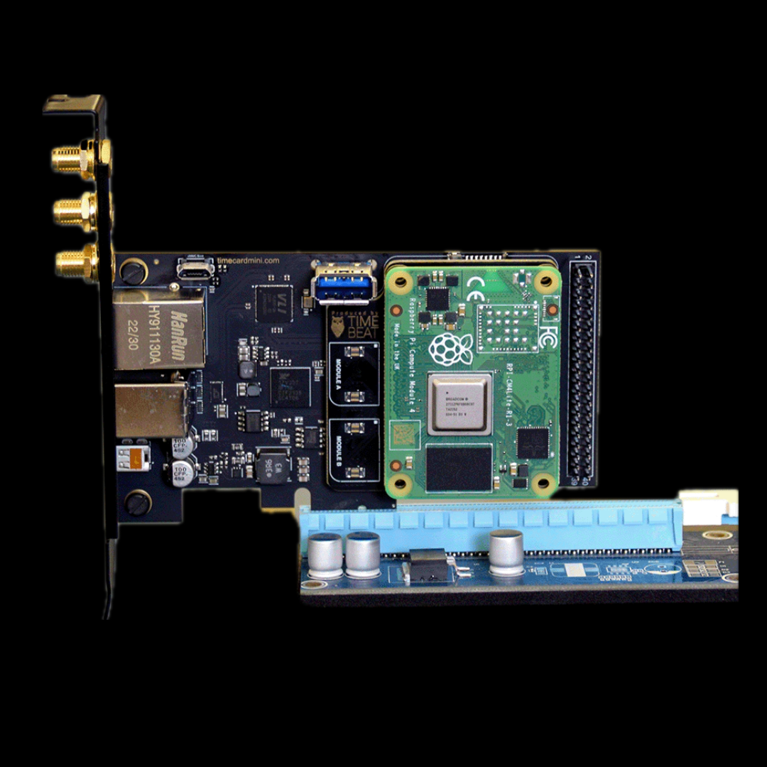 Timecard mini with Raspberry Pi CM4 including SiTime SiT5721 MEMS oscillator and AI Smart sensor.